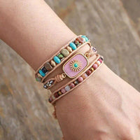 Bracelet Cuir Enroulé 3 Brins en Jaspe et Rhodonite