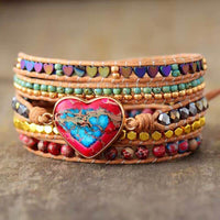 Bracelet Cuir Enroulé 5 Brins en Forme de Cœur en Jaspe