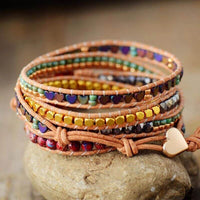 Bracelet Cuir Enroulé 5 Brins en Forme de Cœur en Jaspe