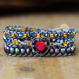 Bracelet Cuir Enroulé 3 Brins en Jaspe Imperial et Perle d'Eau Douce