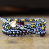 Bracelet Cuir Enroulé 3 Brins en Jaspe Imperial et Perle d'Eau Douce