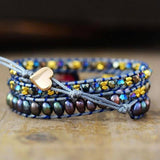 Bracelet Cuir Enroulé 3 Brins en Jaspe Imperial et Perle d'Eau Douce
