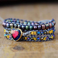 Bracelet Cuir Enroulé 3 Brins en Jaspe Imperial et Perle d'Eau Douce