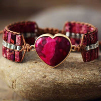 Bracelet Cuir Enroulé 1 Brin en Forme de Cœur en Jaspe Rouge