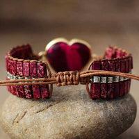 Bracelet Cuir Enroulé 1 Brin en Forme de Cœur en Jaspe Rouge