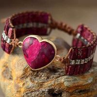 Bracelet Cuir Enroulé 1 Brin en Forme de Cœur en Jaspe Rouge