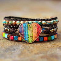 Bracelet Cuir Enroulé 3 Brins en Forme de Cœur en Jaspe