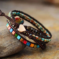 Bracelet Cuir Enroulé 3 Brins en Forme de Cœur en Jaspe