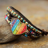Bracelet Cuir Enroulé 3 Brins en Forme de Cœur en Jaspe