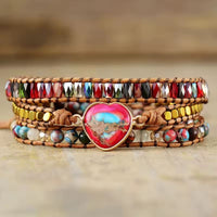 Bracelet Cuir Enroulé 3 Brins en Forme de Cœur en Jaspe