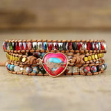 Bracelet Cuir Enroulé 3 Brins en Forme de Cœur en Jaspe