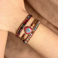 Bracelet Cuir Enroulé 3 Brins en Forme de Cœur en Jaspe