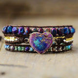 Bracelet Cuir Enroulé 3 Brins en Forme de Cœur en Jaspe Bleu