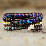 Bracelet Cuir Enroulé 3 Brins en Forme de Cœur en Jaspe Bleu