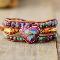 Bracelet Cuir Enroulé 3 Brins en Forme de Cœur en Jaspe Rouge