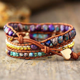 Bracelet Cuir Enroulé 3 Brins en Forme de Cœur en Jaspe Rouge