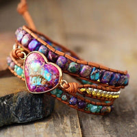 Bracelet Cuir Enroulé 3 Brins en Forme de Cœur en Jaspe Rouge