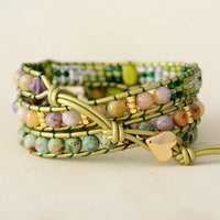 Bracelet Cuir Enroulé 3 Brins en Forme de Cœur en Jaspe Vert