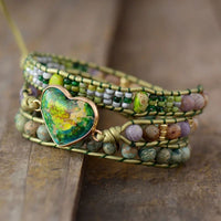 Bracelet Cuir Enroulé 3 Brins en Forme de Cœur en Jaspe Vert
