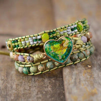 Bracelet Cuir Enroulé 3 Brins en Forme de Cœur en Jaspe Vert