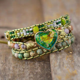 Bracelet Cuir Enroulé 3 Brins en Forme de Cœur en Jaspe Vert