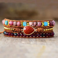 Bracelet Cuir Enroulé 3 Brins en Jaspe, Rhodonite et Jade