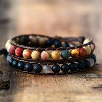 Bracelet Cuir Enroulé 2 Brins en Jaspe Matte