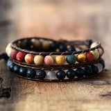 Bracelet Cuir Enroulé 2 Brins en Jaspe Matte