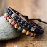Bracelet Cuir Enroulé 2 Brins en Jaspe Matte