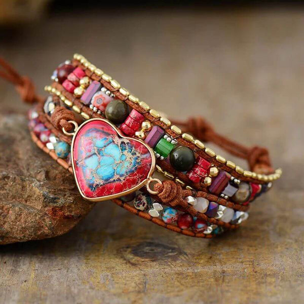 Bracelet Cuir Enroulé 3 Brins en Forme de Cœur en Jaspe
