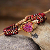 Bracelet Boho Cœur en Opale Rouge, Bleu