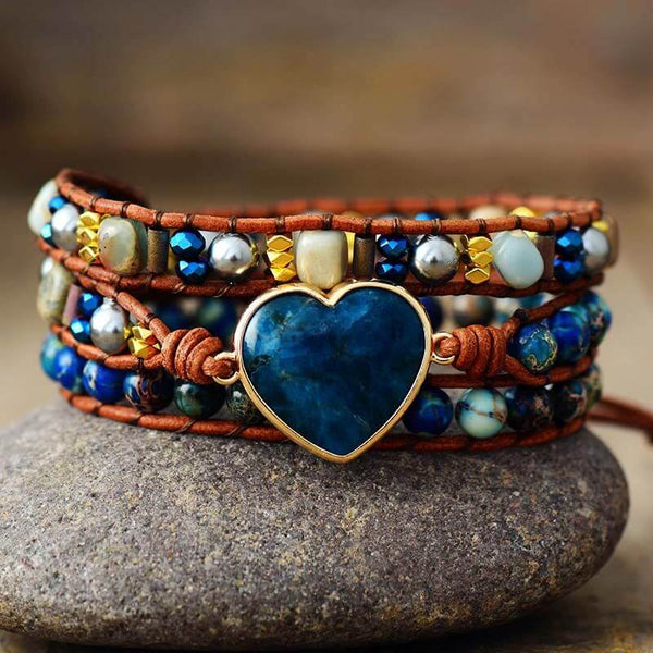 Bracelet Cuir Enroulé 3 Brins en forme de cœur en Apatite
