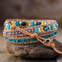 Bracelet Cuir Enroulé 3 Brins en forme de cœur en Opale