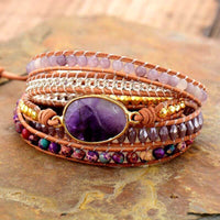 Bracelet Cuir Enroulé 5 Brins en Améthyste et Jaspe