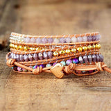 Bracelet Cuir Enroulé 5 Brins en Améthyste et Jaspe