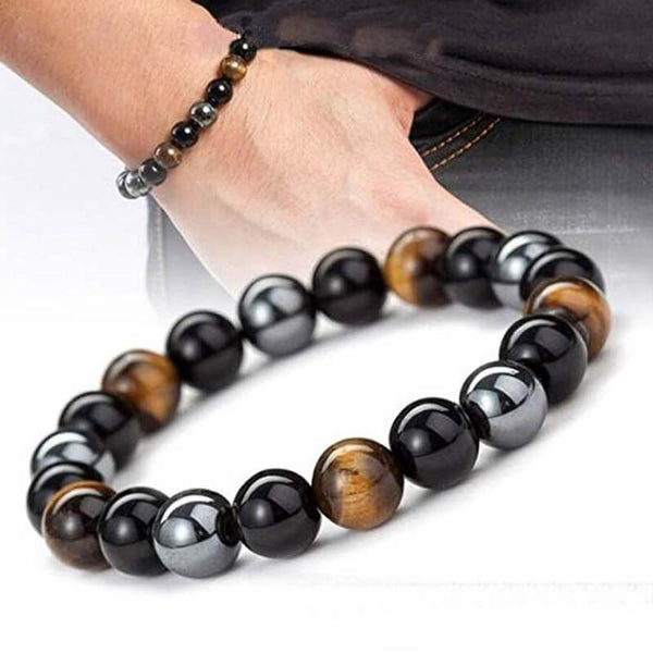 Bracelet Triple Protection (Œil de tigre, Hématite et Obsidienne noire)
