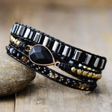 Bracelet Cuir Enroulé 3 Brins avec Strass en Labradorite ou Onyx