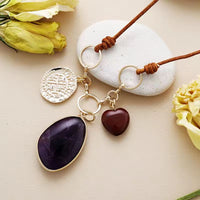 Collier en Cuir Naturel avec Pendentif en Amazonite, Lapis Lazuli, Améthyste, Quartz Rose