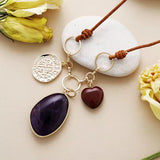 Collier en Cuir Naturel avec Pendentif en Amazonite, Lapis Lazuli, Améthyste, Quartz Rose