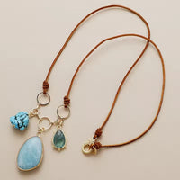 Collier en Cuir Naturel avec Pendentif en Amazonite, Lapis Lazuli, Améthyste, Quartz Rose