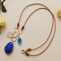 Collier en Cuir Naturel avec Pendentif en Amazonite, Lapis Lazuli, Améthyste, Quartz Rose