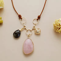 Collier en Cuir Naturel avec Pendentif en Amazonite, Lapis Lazuli, Améthyste, Quartz Rose