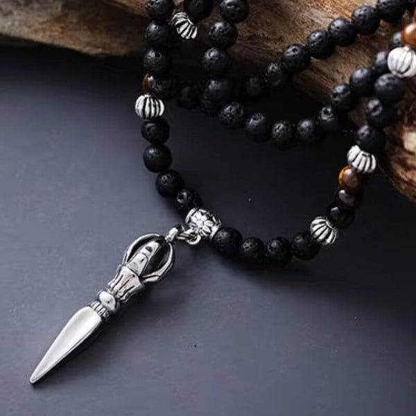 Collier Homme Tibétain en Œil de Tigre et Pierre de Lave