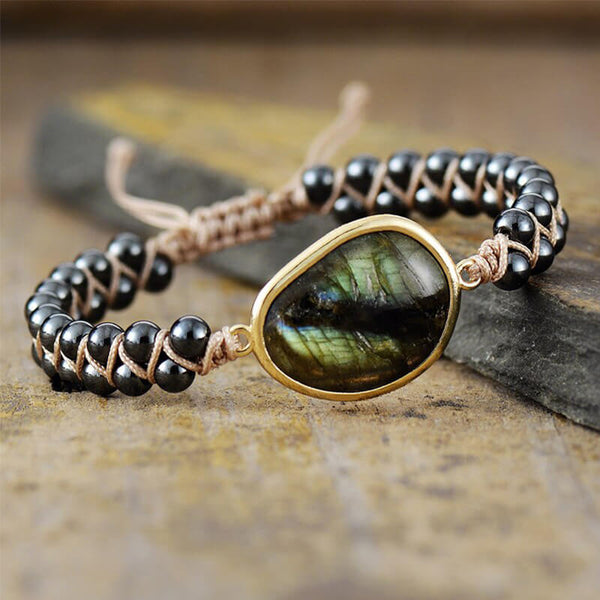 Bracelet Tressé en Labradorite, Améthyste, Lapi-Lazuli, Onyx