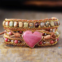 Bracelet Cuir Enroulé 3 Brins en Perles de Jaspe Impérial pièce centrale en forme de cœur
