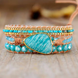 Bracelet Cuir Enroulé 3 Brins en Jaspe et Amazonite