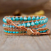 Bracelet Cuir Enroulé 3 Brins en Jaspe et Amazonite