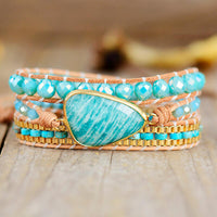 Bracelet Cuir Enroulé 3 Brins en Jaspe et Amazonite