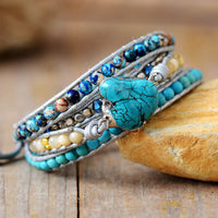 Bracelet Cuir Enroulé 5 Brins en Turquoise, Jaspe et Cristal