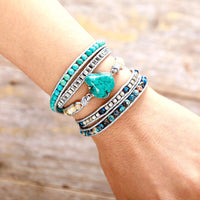 Bracelet Cuir Enroulé 5 Brins en Turquoise, Jaspe et Cristal